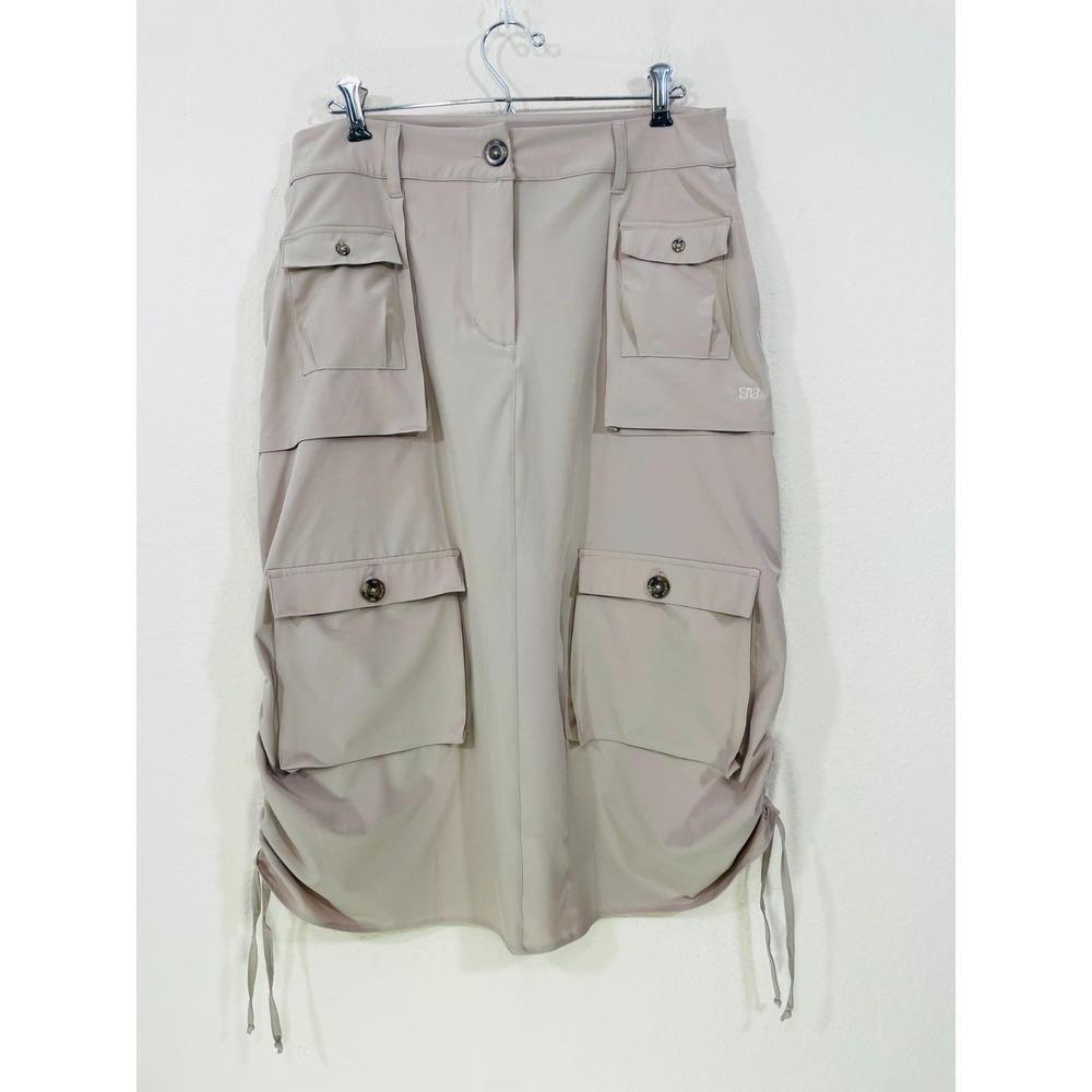 Albion Cargo Skirt Size M‎ Petite Beige Nylon Stretch Travel Midi Ruched Active